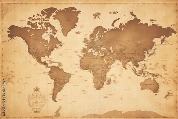 Fototapeta World map, A vintage map of the world in sepia tones, AI generated