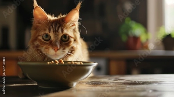 Fototapeta An orange tabby cat sits in front of a bowl of food.