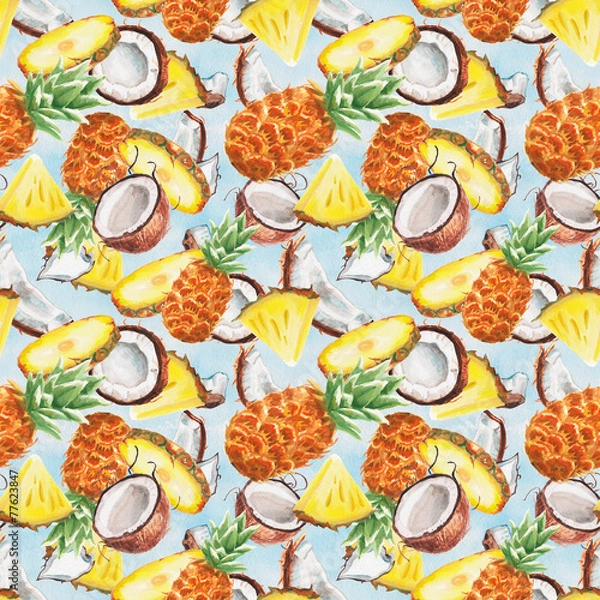 Obraz watercolor pineapple and coconut pattern