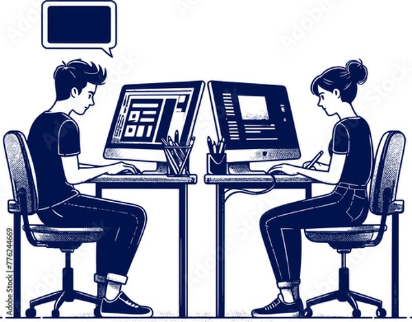 Fototapeta a man is working at a computer and silhouette sketch art vector design.
