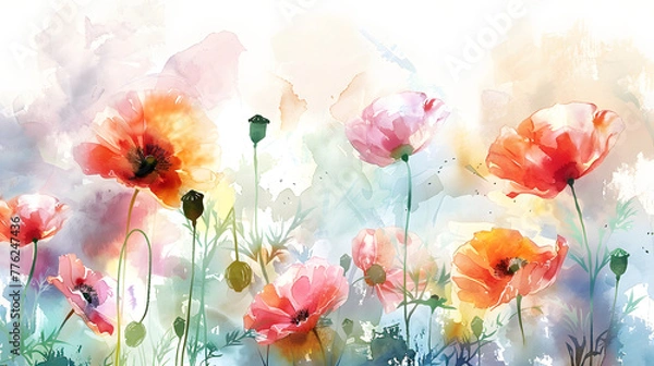 Fototapeta Colorful red pink yellow poppies, bright nature flowers, oil paints