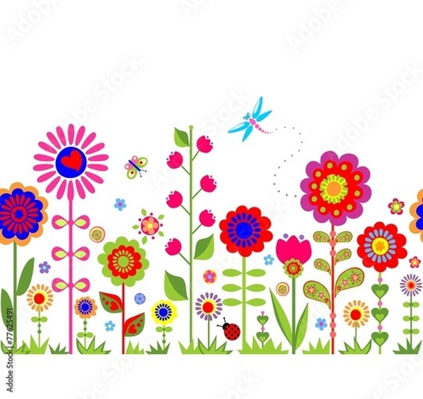 Fototapeta Spring seamless border with funny abstract flowers