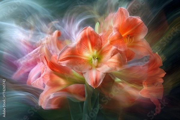 Fototapeta Bright flowers with a soft glow create a dreamy, long exposure, lines, dancing flowers blurred