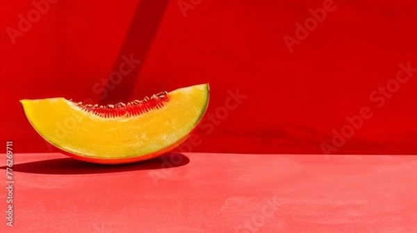 Fototapeta   A watermelon slice on a red table against a red wall