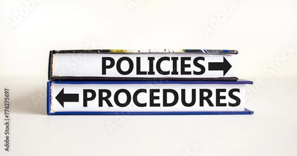 Fototapeta Procedures and policies symbol. Concept word Procedures Policies on beautiful books. Beautiful white table white background. Business procedures and policies concept. Copy space