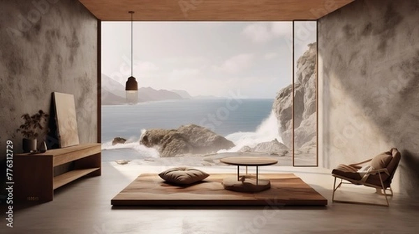 Fototapeta A Japandi style living room, interior close to nature, embraces natural elements to create a serene and harmonious space.