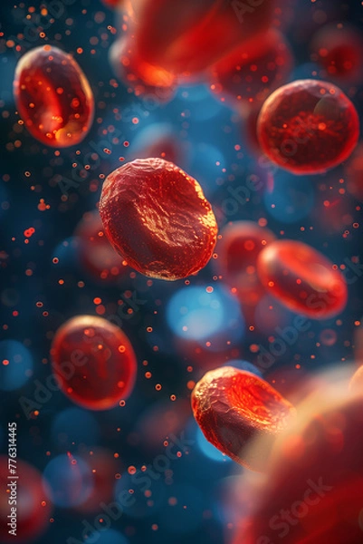 Fototapeta Selective focus of 3D visualization of red blood cells in blood vessels.