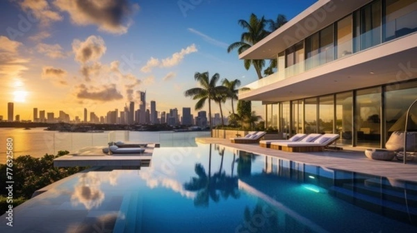 Fototapeta Modern villa with a private rooftop infinity pool overlooking the Miami skyline in Florida