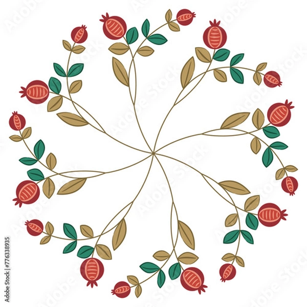 Fototapeta Round star shape floral mandala with stylized blooming branches with ripe berries or fruits. Folk style. Isolated vector illustration.