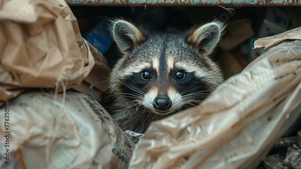 Fototapeta A raccoon peeking out from trash