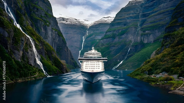 Fototapeta A sleek cruise ship navigating its way through a narrow fjord surrounded by towering cliffs and cascading waterfalls.