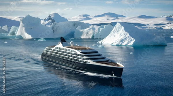 Fototapeta  A sleek cruise liner sailing past towering icebergs in the pristine waters of the Arctic Ocean, with snow-capped mountains in the distance.