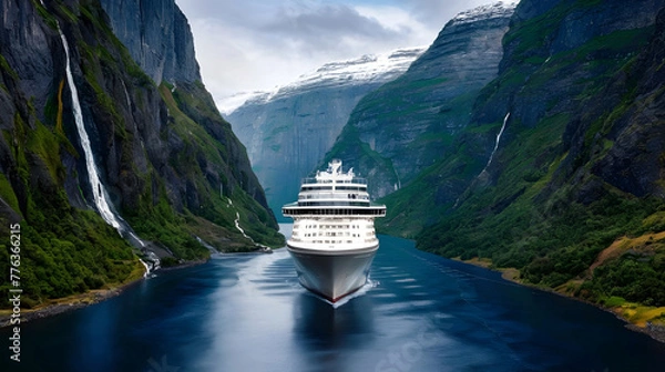 Fototapeta A sleek cruise ship navigating its way through a narrow fjord surrounded by towering cliffs and cascading waterfalls.