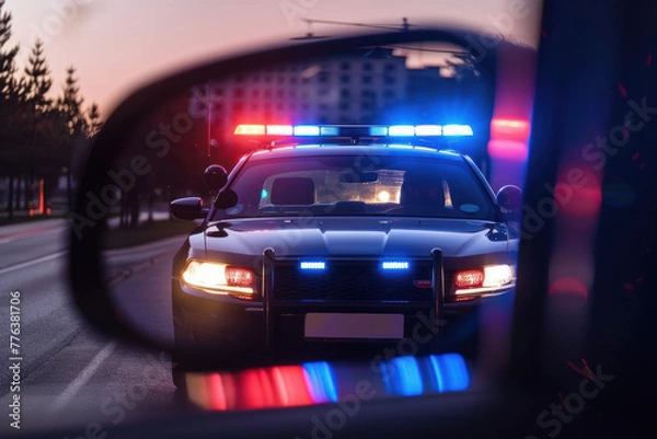 Obraz A police car with flashing lights reflected in a vehicle's rearview mirror during dusk.