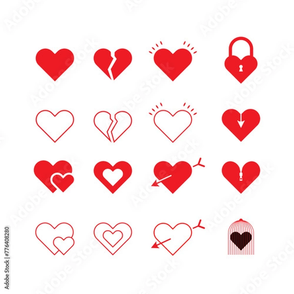 Obraz Heart red icons, sign of love, isolated on white background vector collection
