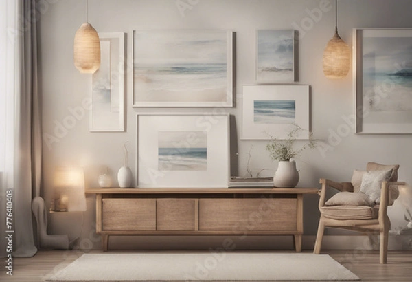 Fototapeta Mock up frame in cozy home interior background coastal style living room 3d render