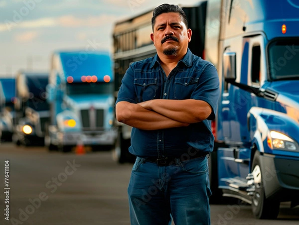 Fototapeta Latino trucker standing next to his truck with confident attitude proud of his work.