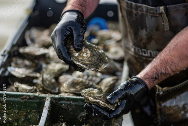 Fototapeta Hands in gloves sorting fresh oysters in a crate.