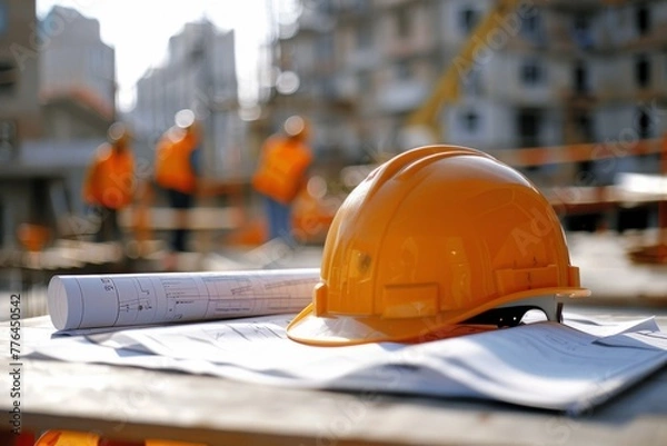 Fototapeta construction helmet and blueprints on a table, in background workers discussing at a construction site,