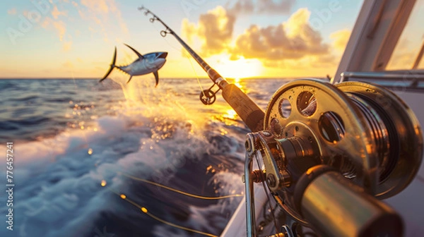 Fototapeta Sport fishing excitement with a jumping fish on the line against a fiery sunset ocean backdrop.