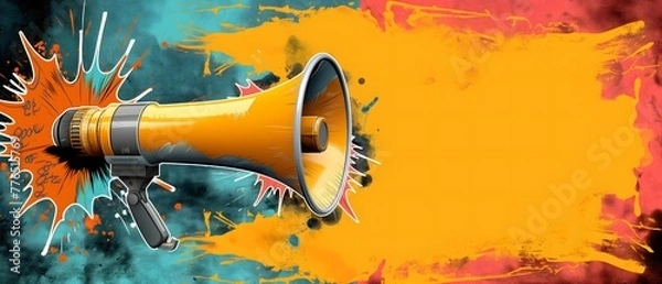 Obraz Popart collage with megaphones. Loudspeacker announcing crazy promotions. Retro collage composition with torn paper, doodle elements, space for text