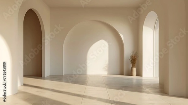 Fototapeta A large white room with arched windows, polished wooden floor and modern furniture