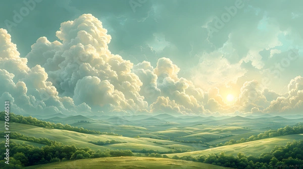 Obraz Sunlight Through Clouds Over Hills