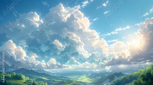 Obraz Sunlight Through Clouds Over Hills