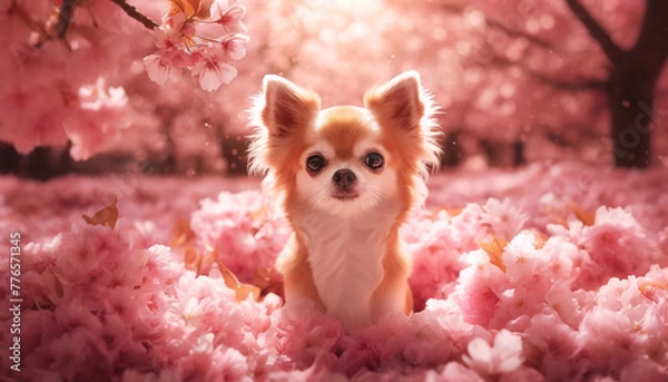 Fototapeta 満開の桜の花の穏やかな美しさを楽しんでいる猫。A relaxed cat given spotted sunlight under the pink canopy of the petal and the dog which is in full blossom, and enjoys the calm beauty of cherry blossoms.