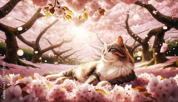 Fototapeta 満開の桜の花の穏やかな美しさを楽しんでいる猫。A relaxed cat given spotted sunlight under the pink canopy of the petal and the cat which is in full blossom, and enjoys the calm beauty of cherry blossoms.