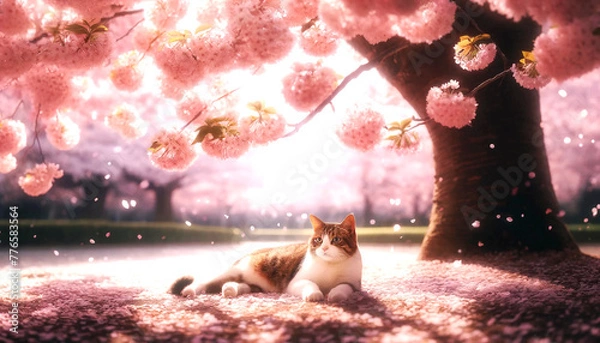 Fototapeta 満開の桜の花の穏やかな美しさを楽しんでいる野良猫。A relaxed cat given spotted sunlight under the pink canopy of the petal and the cat which is in full blossom, and enjoys the calm beauty of cherry blossoms.