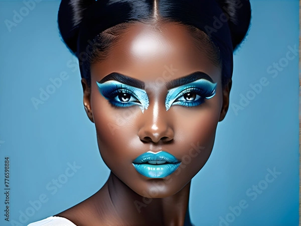 Fototapeta Serenity in the Sky: Beautiful Black Women on Sky Blue Background(Generative AI)
