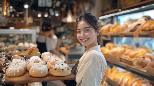 Obraz パン屋で働くアジア人女性