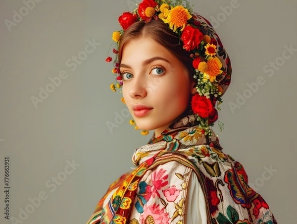 Obraz Woman, Slavic type of beauty in Regional costume from Cracow, Poland, Folk, basic background, copy space