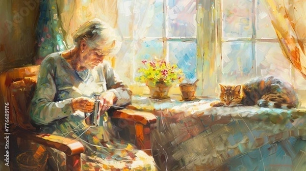 Obraz A grandmother sewing in her cozy corner, with a cat napping in the warm patch of sunlight beside her. Emphasize an impressionistic style, focusing on mood rather than meticulous detail