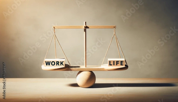 Obraz Scales of Work-Life Balance in Wooden Simplicity, Wooden scales perfectly balanced, encapsulating the work-life concept with simple elegance on a serene background.

