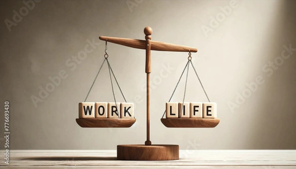 Obraz Scales of Work-Life Balance in Wooden Simplicity, Wooden scales perfectly balanced, encapsulating the work-life concept with simple elegance on a serene background.
