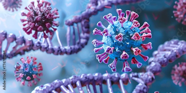 Fototapeta 3D illustrated virus Virus cell or bacterial background COVID19 mutant virus,  Virus cells attacking a dna strand