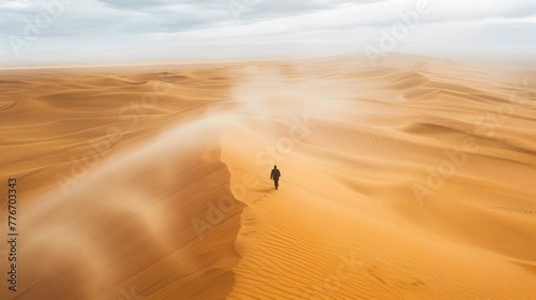 Fototapeta Solitary Figure Traversing the Vast,Windswept Desert Dunes - A Journey of Solitude and Contemplation