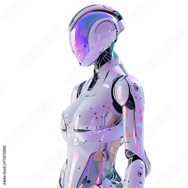 Fototapeta An android designed with sleek pastel aesthetics in purple and blue, her image rendered photorealistically with ray tracing