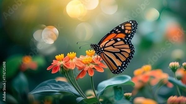 Fototapeta Beautiful Morpho Butterfly with Open Wings on Flowers Isolated on Black Background. Copy Space Concept in the Style of Virtual Reality. A Bright Purple Morpho Flying Near Blooming Lilac Flowers.