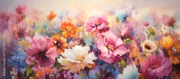 Fototapeta Field filled with blooming flowers under a bright sun peeking through the clouds in a beautifully painted artwork