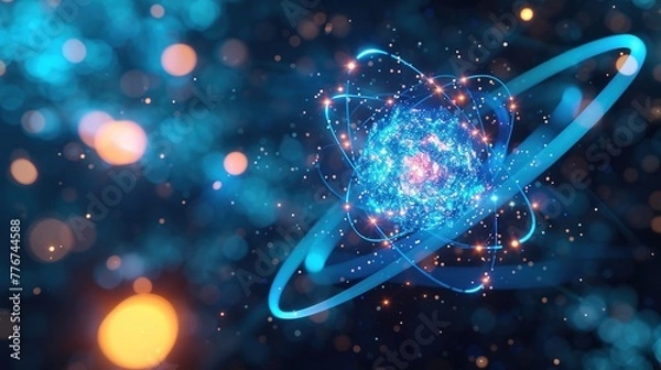Fototapeta Concept of a close-up image of an atom model for nuclear energy. Sci-fi color background. Generative AI