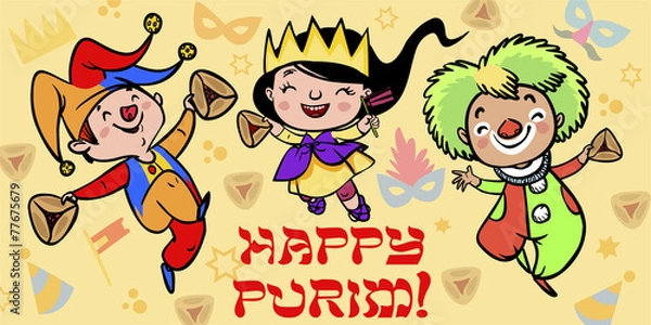 Obraz Funny Happy Purim greeting card. Vector illustration