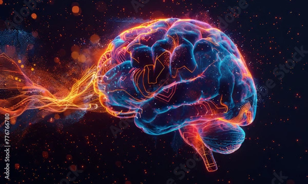 Obraz brain with circuits intertwined with paint splatters: Suggests that AI draws from both logic and creativity,generative ai