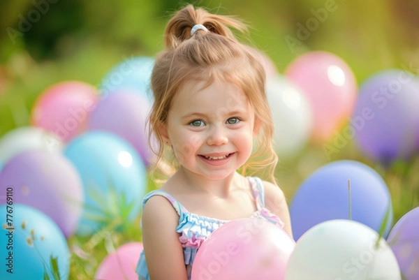 Fototapeta Happy Little Girl with Balloons, Generative AI