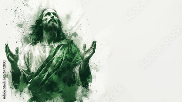 Fototapeta Jesus is praying with his hands raised upwards, green watercolor paint