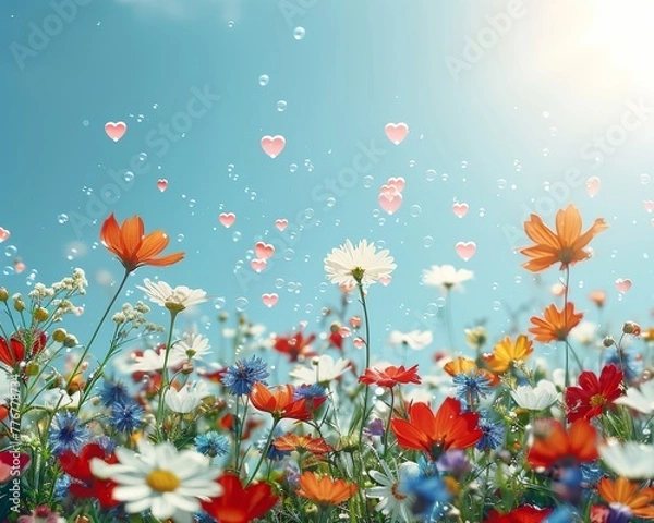 Fototapeta Bursting with life, this vibrant and enchanting image captures the essence of a spring meadow in full bloom, with whimsical hearts floating amidst a sea of wildflowers under a clear blue sky