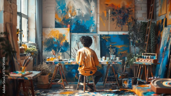 Fototapeta Art studio with an artist surrounded by canvases, paint, and creative tools.generative ai