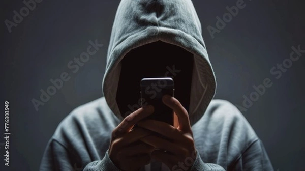 Fototapeta hacker or scammer using smartphone, phishing, online scam and cybercrime concept